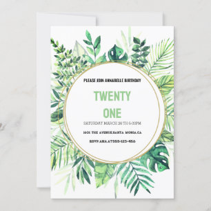 Wild palm leaves, golden frame invitation