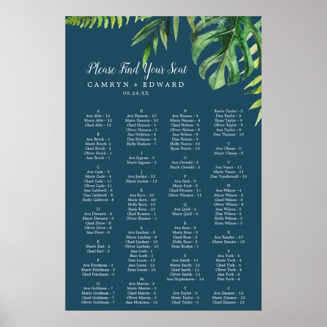 Wild Palm | Navy Blue Alphabetical Seating Chart (Front)