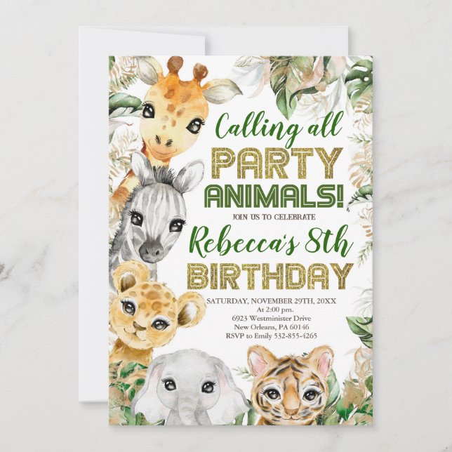 Wild Party Animals Birthday, Any Age, Safari Invitation (Front)