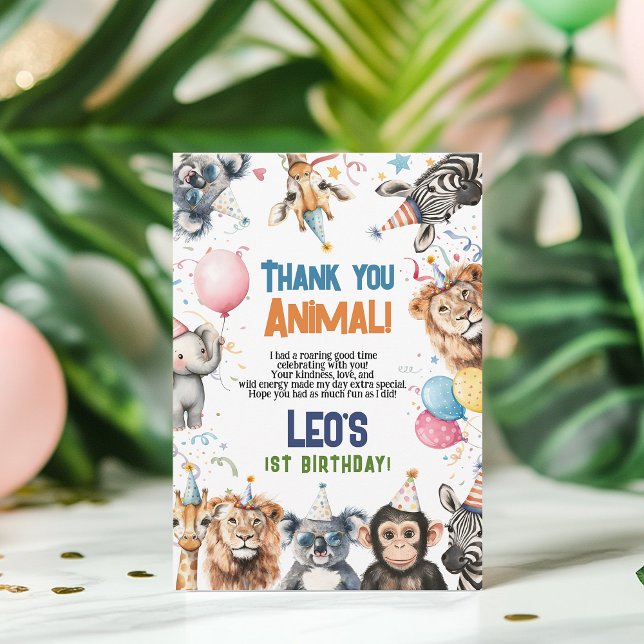 Wild Party Calling All Animals 1st Birthday Safari Thank You Card (Wild Party Calling All Animals 1st Birthday Safari Thank You Card)