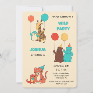 Wild Party Cute Cartoon Animals Kids Birthday Invitation