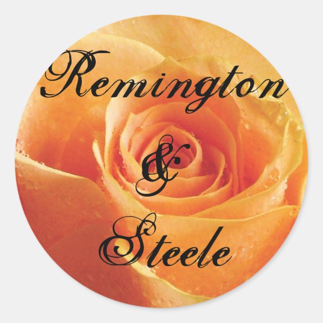 Wild Peach Rose Personalised Wedding Classic Round Sticker (Front)