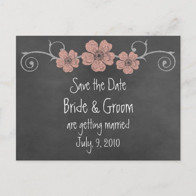 Wild Peach Roses Chalkboard Save the Date Postcard (Front)