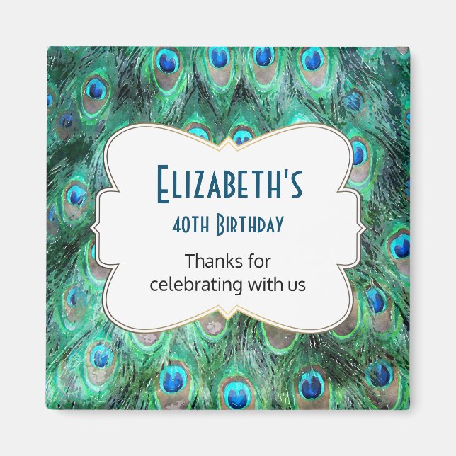 Wild Peacock Feathers Personalised Birthday Favour Magnet (Front)