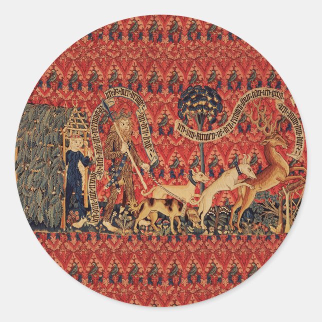 WILD PEOPLE IN DEER HUNT, Animals ,Red Floral Classic Round Sticker (Front)