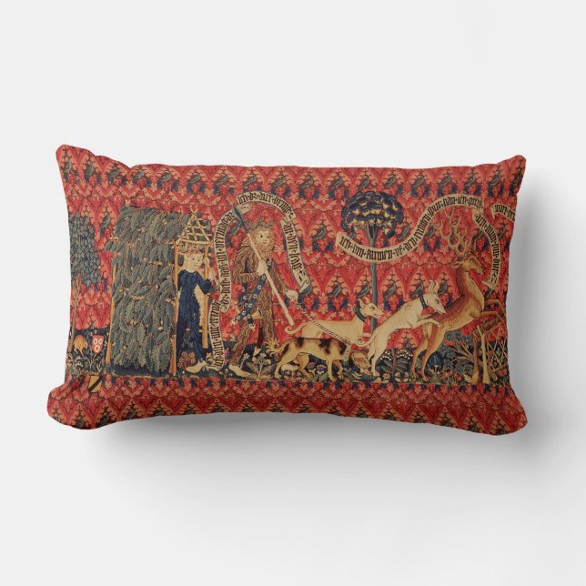 WILD PEOPLE IN DEER HUNT, Animals ,Red Floral Lumbar Cushion (Front)