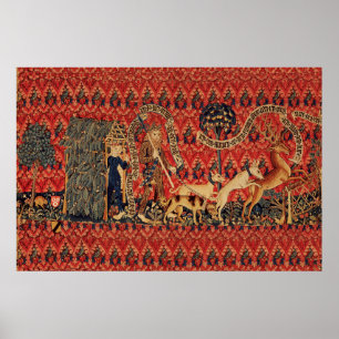 WILD PEOPLE IN DEER HUNT, Animals ,Red Floral Poster