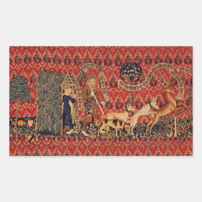WILD PEOPLE IN DEER HUNT, Animals ,Red Floral  Rectangular Sticker (Front)