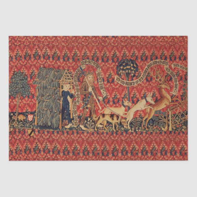 WILD PEOPLE IN DEER HUNT, Animals ,Red Floral Tissue Paper (Front)