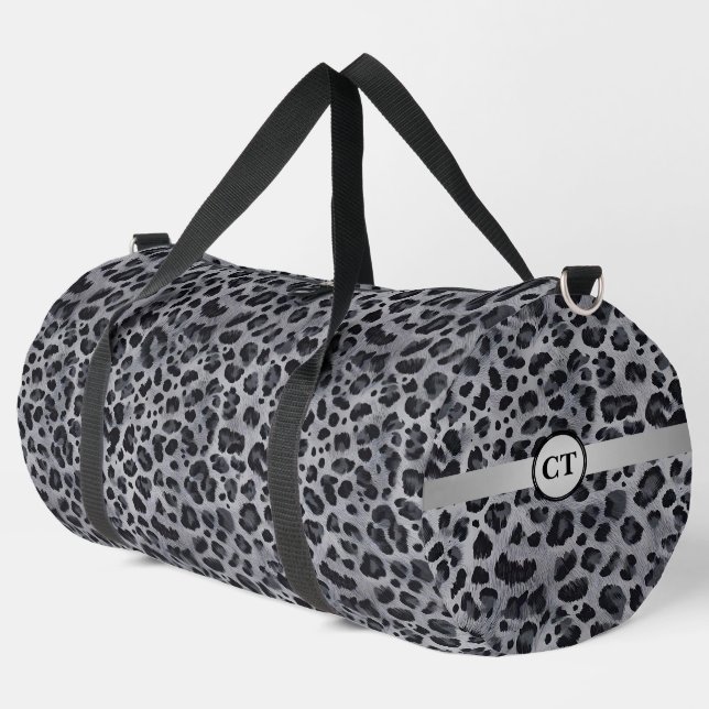 Wild Personalised Grey & Black Leopard  Duffle Bag (Left Corner)