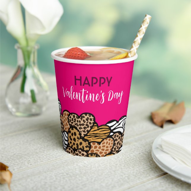 Wild Pink Animal Print Heart Valentine's Day Party Paper Cups (Insitu)