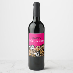 Wild Pink Animal Print Heart Valentine's Day Party Wine Label
