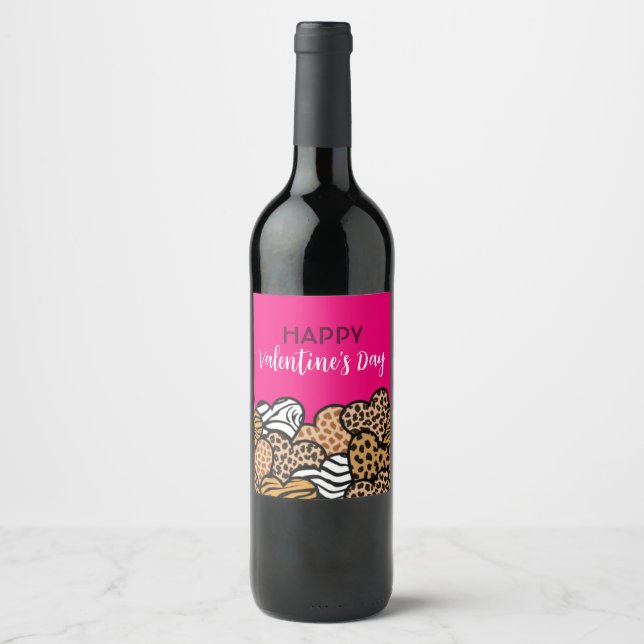 Wild Pink Animal Print Heart Valentine's Day Party Wine Label (Front)