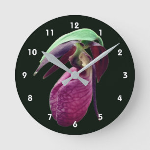 Wild Pink Lady Slipper Flower  Round Clock