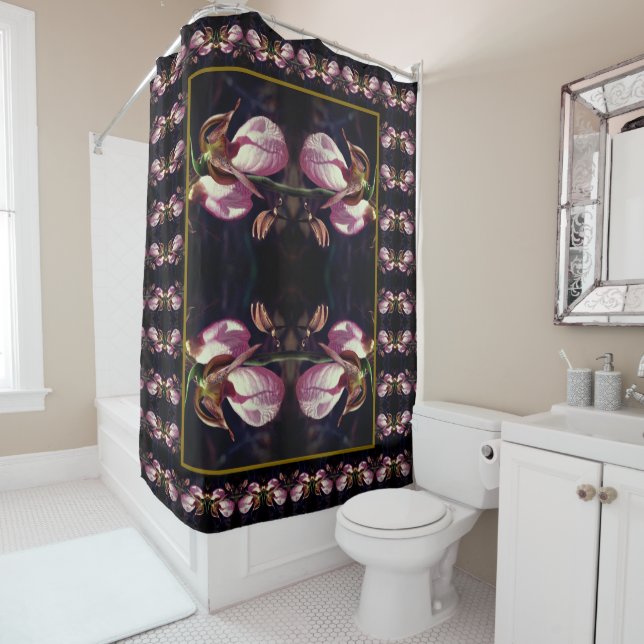 Wild Pink Lady Slipper Orchid Abstract Shower Curtain (In Situ)