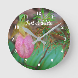 Wild Pink Lady Slipper Orchid And Evergreens Round Clock