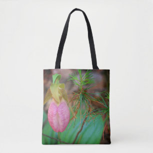 Wild Pink Lady Slipper Orchid And Evergreens   Tote Bag