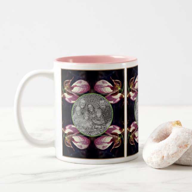 Wild Pink Lady Slipper Orchid Frame Add Your Photo Two-Tone Coffee Mug (With Donut)