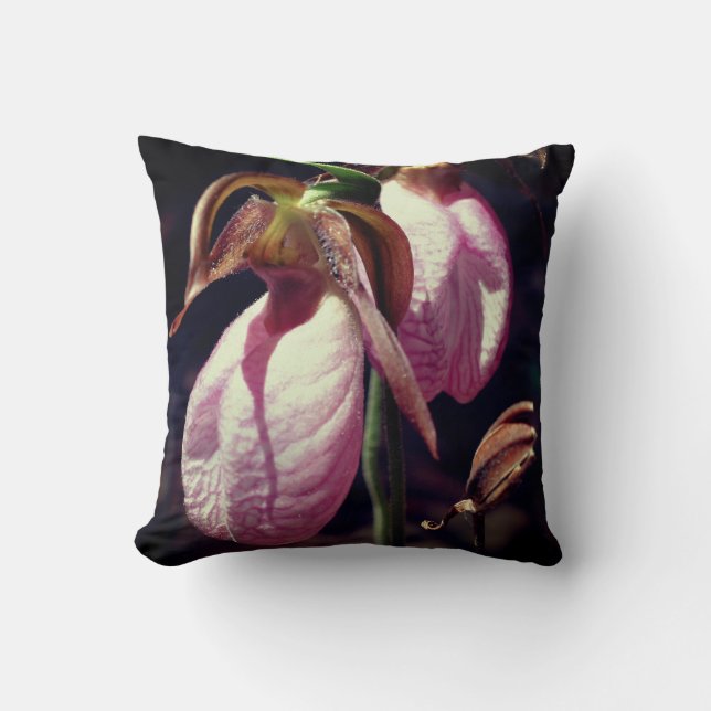 Wild Pink Lady Slipper Orchid Pair Close Up  Cushion (Front)
