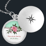 Wild pink rose floral wedding mint green keepsake silver plated necklace<br><div class="desc">Wild pink rose floral wedding mint green keepsake necklace, featuring a beautiful wild rose in pink with dark green leaves, red waved lines and halftone elements on white and mint green background. This modern, elegant and romantic pendant design can be used for special occasions such as engagements, weddings, birthdays, anniversaries...</div>