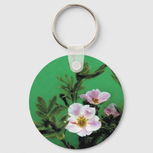 wild pink rose flowers in green, Elegant Key Ring