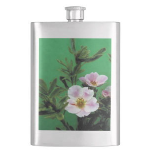wild pink rose flowers in green. hip flask