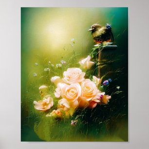 Wild pink roses and bird poster