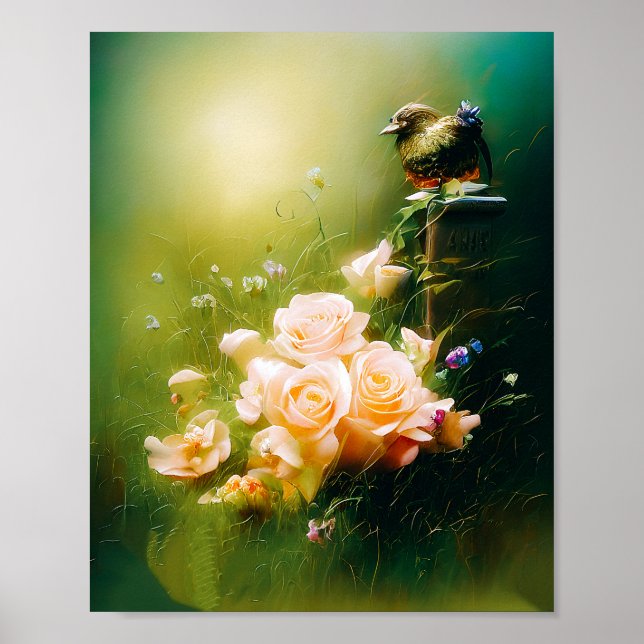 Wild pink roses and bird poster (Front)