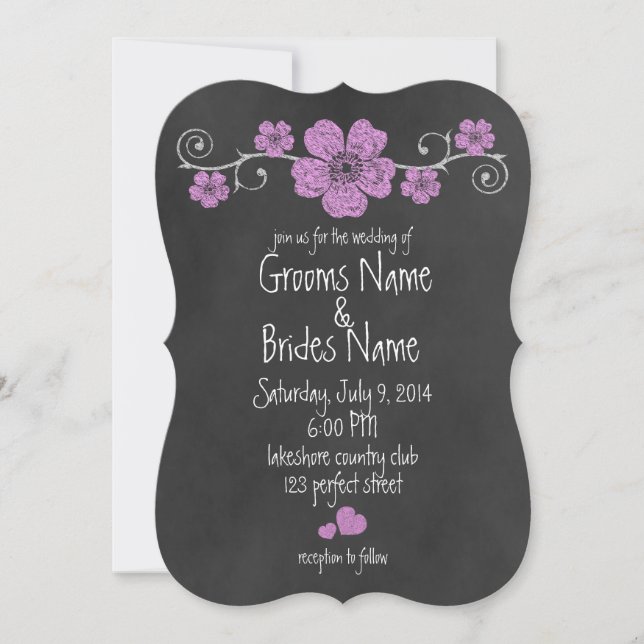 Wild Pink Roses Chalkboard Wedding Invitation (Front)