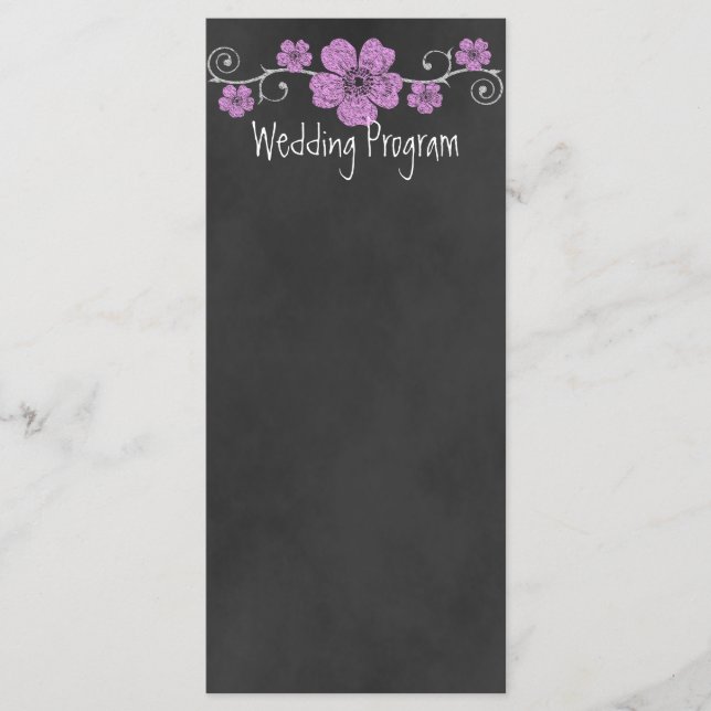 Wild Pink Roses Chalkboard Wedding Program Card (Front)