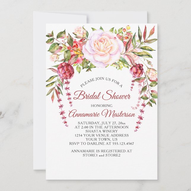 Wild Pink Roses Greenery Bridal Shower Invitation (Front)