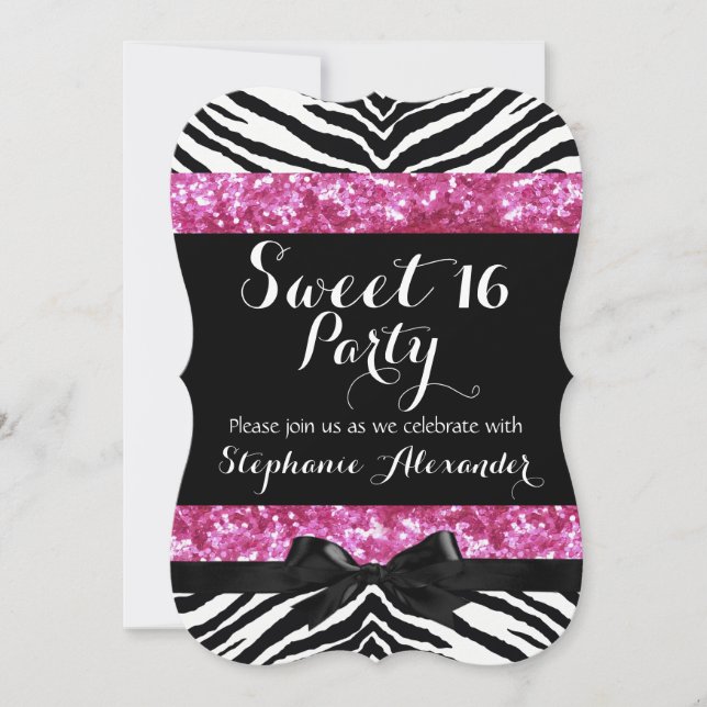 Wild Pink Sparkle Zebra Sweet 16 Birthday Party Invitation (Front)