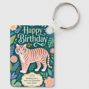 Wild Pink Tiger Birthday Adventure Key Ring