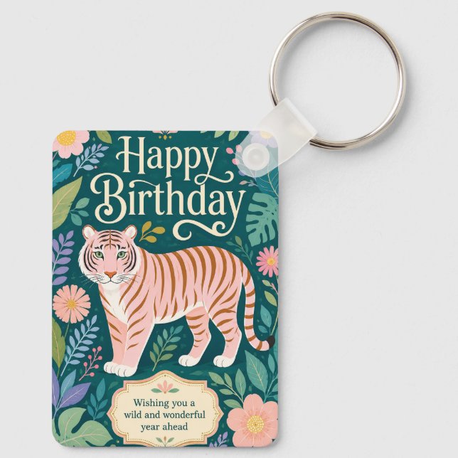 Wild Pink Tiger Birthday Adventure Key Ring (Back)