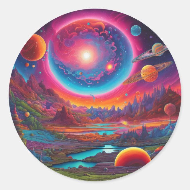 Wild planets psychedelic art classic round sticker (Front)