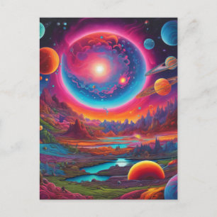 Wild planets psychedelic art postcard