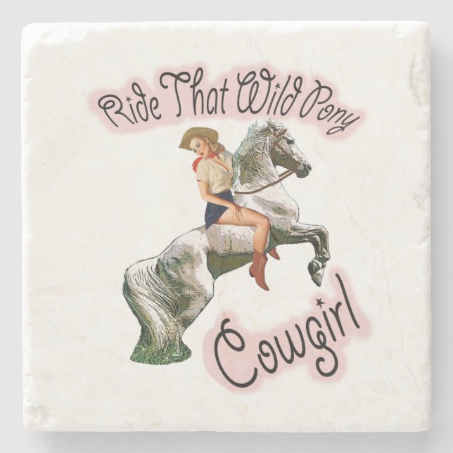 Wild Pony Cowgirl Pinup on Horse Coaster (Front)