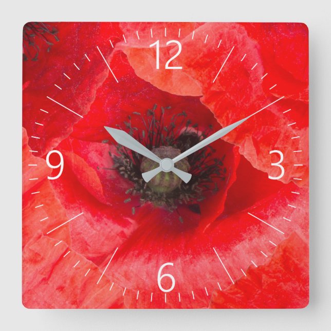 Wild poppies pattern square wall clock (Front)
