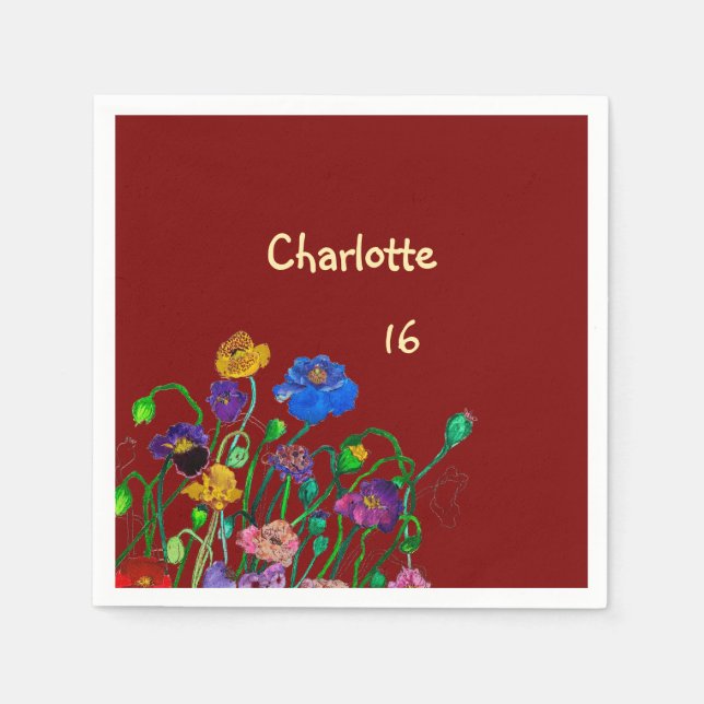 Wild Poppy Deep Red & Butter Yellow Birthday Napkin (Front)