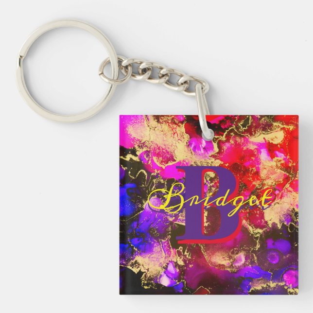 Wild Purple and Fuscia Alcohol Ink Key Ring (Front)