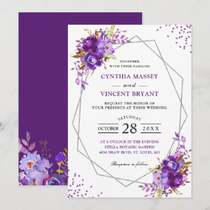 Wild Purple Floral Modern Geometric Frame Wedding Invitation