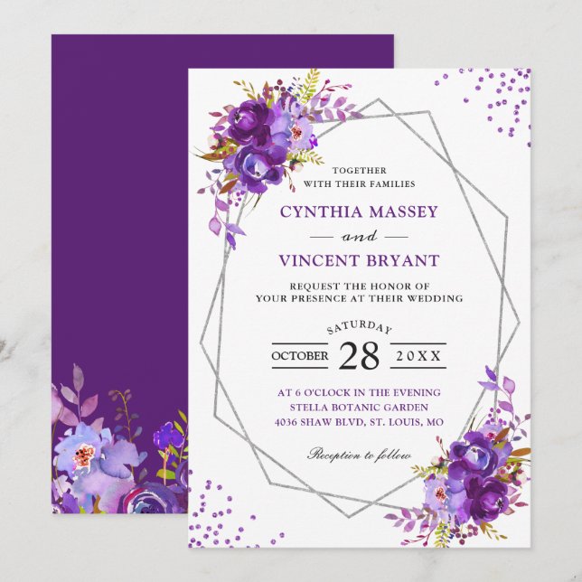 Wild Purple Floral Modern Geometric Frame Wedding Invitation (Front/Back)