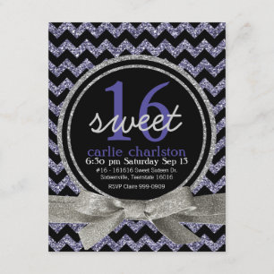 Wild Purple Glitter Look Chevron Sweet 16 Party Invitation