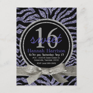 Wild Purple Glitter Look Zebra Sweet 16 Party Invitation