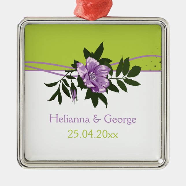 Wild purple rose floral wedding green keepsake metal tree decoration (Front)