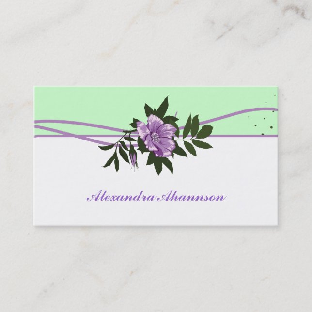 Wild purple rose mint green, white floral business card (Front)