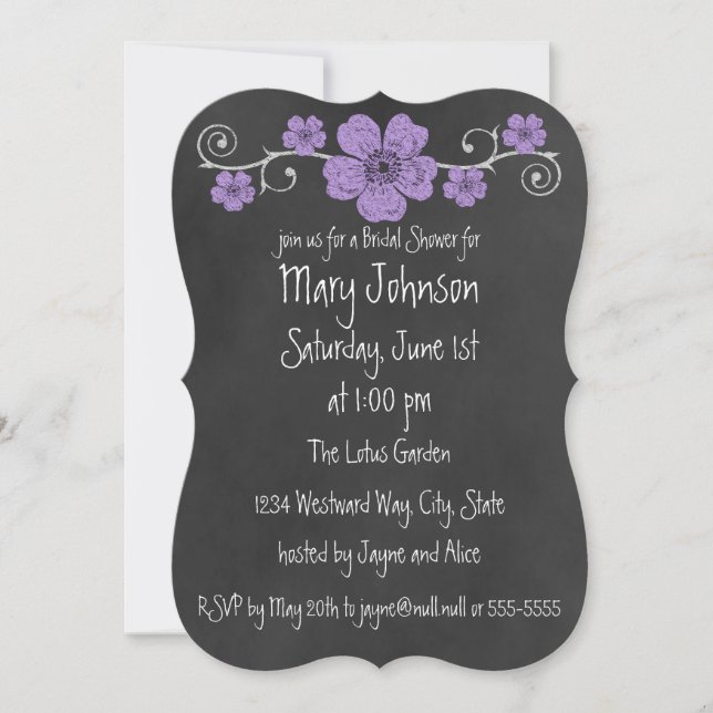 Wild Purple Roses Chalkboard Bridal Shower Invitation (Front)
