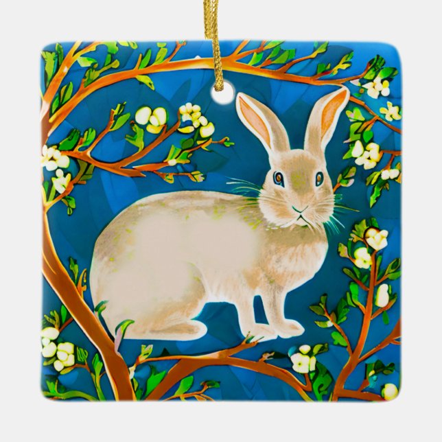 Wild Rabbit and Flowering Branches Ceramic Ornament (Front)