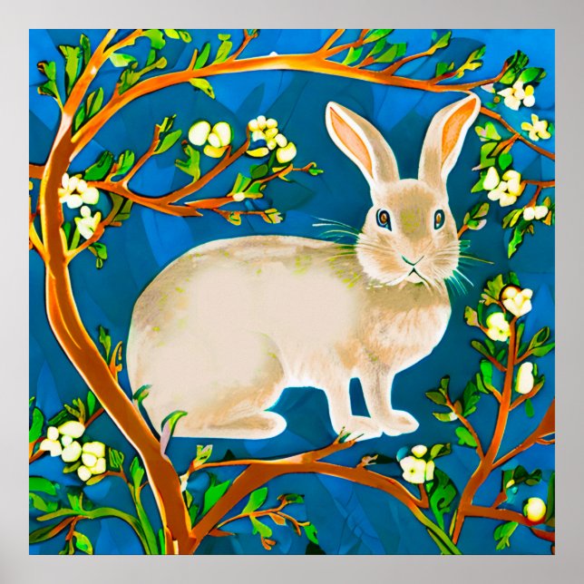 Wild Rabbit and Flowering Branches Poster (Front)