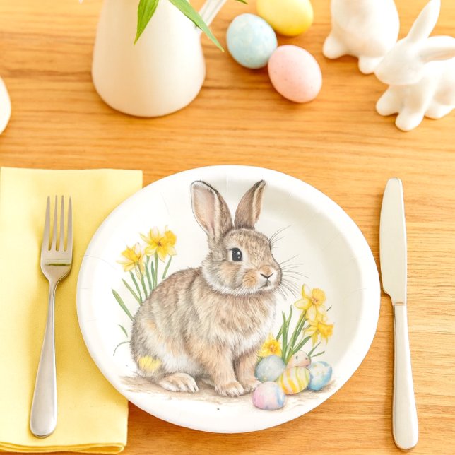 Wild Rabbit Easter Eggs and Daffodil Flowers  Paper Plate (Darling Easter bunny paper plate, perfect for your holiday gatherings )